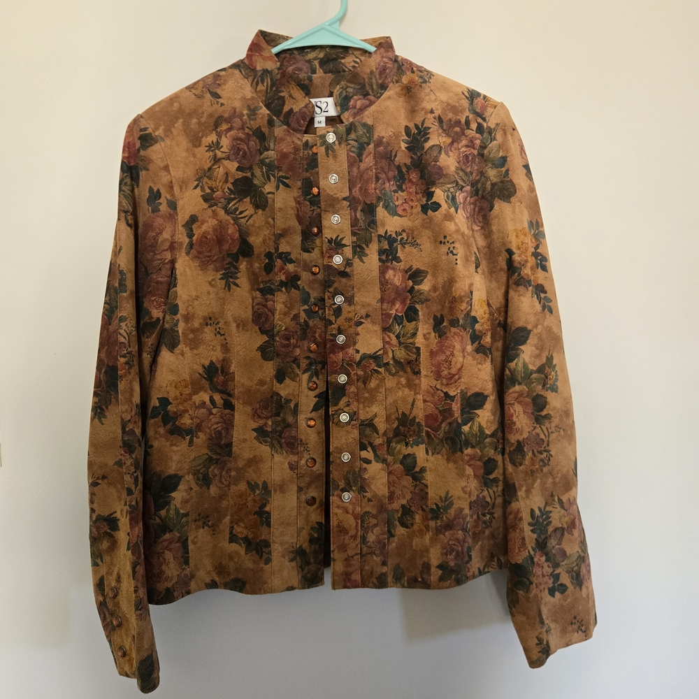 Womens Vintage VS2  Floral 100% Leather Jacket - Brown Rose Print Size Medium